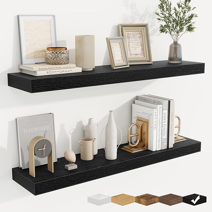 fuqing Floating Shelves for Wall, Wall Mounted Wood Floating Shelf with Invisible Brackets for Living Room, Bathroom, Bedroom, Kitchen Storage and Decor, 36 Inch Set of 2, Black