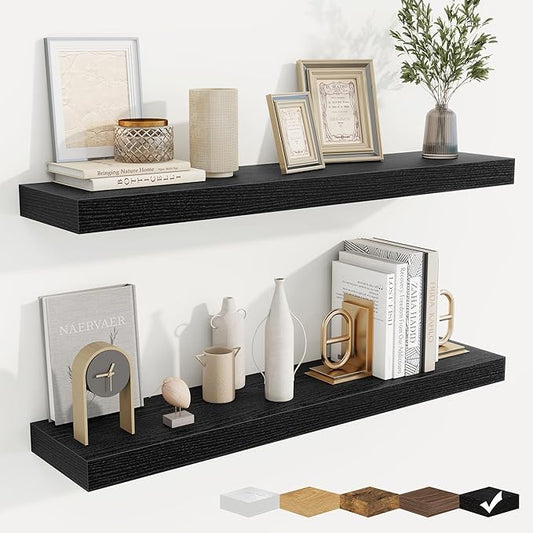 fuqing Floating Shelves for Wall, Wall Mounted Wood Floating Shelf with Invisible Brackets for Living Room, Bathroom, Bedroom, Kitchen Storage and Decor, 36 Inch Set of 2, Black