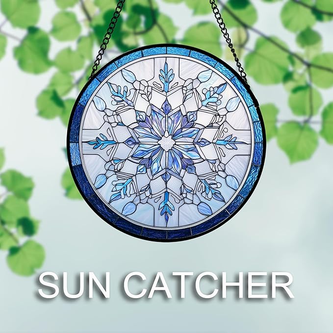 Stained Glass Window Hanging 4 Pcs Set Blue White Christmas Snowman Snowflake 6.3" - Suncatcher Door Garden Sun Catcher Decor Birthday Mother's Day Xmas Gifts for Mom Woman Nana Men