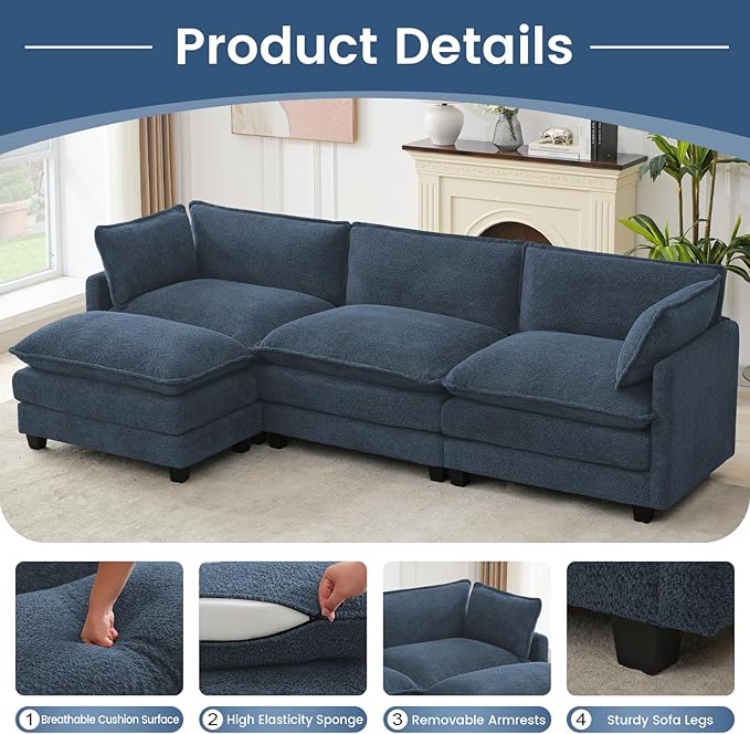ROWHY Oversized Modular Sectional Couch with Movable Ottoman, 112" Modern Convertible L Shaped Sofa Set, 4 Seat Comfy Cloud Couch with 2 Throw Pillows, for Living Room, Chenille, Royal Blue