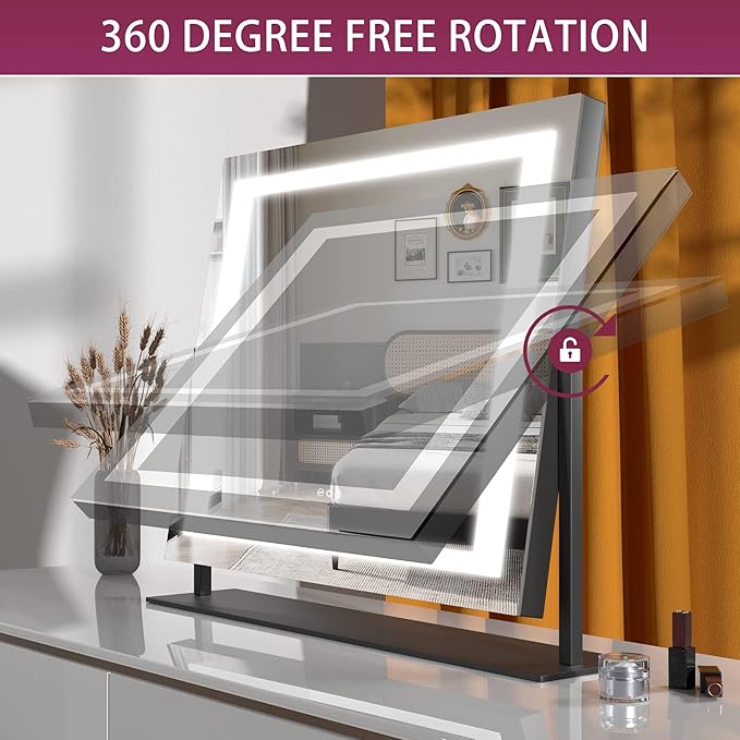 Hasipu Vanity Mirror with Lights, 24.2" x 19.7" LED Makeup Mirror, Light up Mirror with 10X Magnification and USB, Phone Holder, Smart Touch 3 Colors Dimmable, 360° Rotation (Right Angle Black)