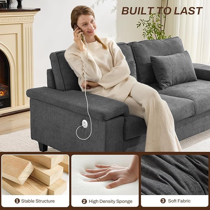 3 Seater Couch for Living Room, 79'' Comfy Deep Seat Sofa with Adjustable Armrests & USB/Type-C Charging Ports, Mid Century Modern Couch for Bedroom, Home Office,Gray