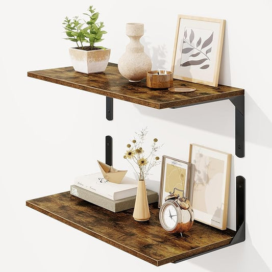 Fun Memories Deep Floating Shelves for Wall, 12 Inch Deep Wall Shelf, 24 Inch Long Floating Shelves with Bracket Set of 2, Rustic Deep Storage Shelf for Bedroom, Living Room, Kitchen, Rustic Brown
