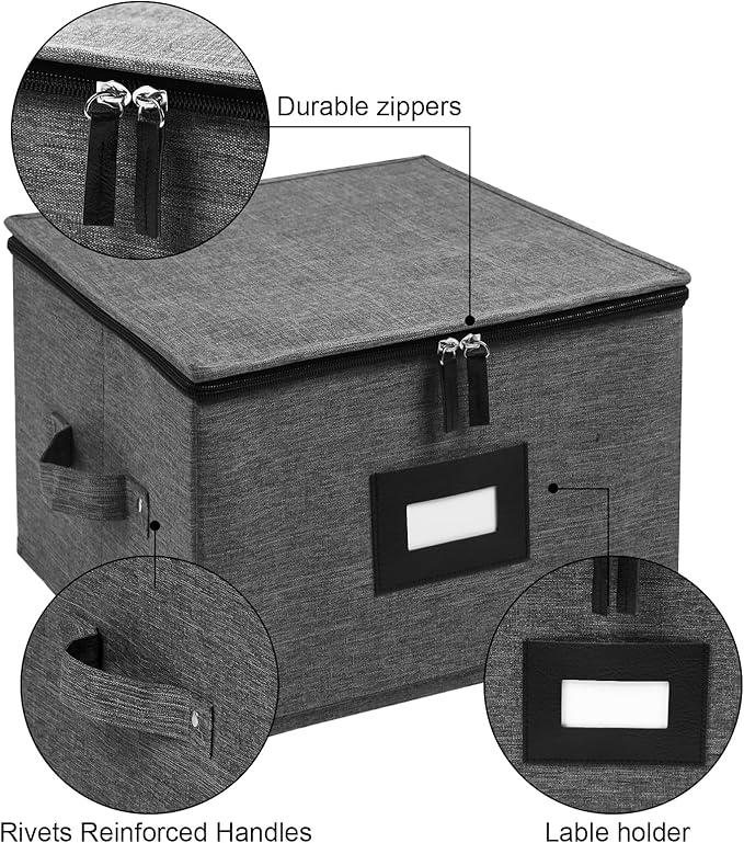 Mayniu China Storage Containers Hard Shell, 12" Plate Storage Containers for Dishes, Stackable Dinnerware Storage with 48 Felt Dividers (4 Pack Black)