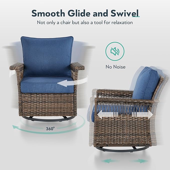 Outdoor Swivel Glider Chairs Set of 2 - Hollow Widen Armrests Wicker Patio Furniture Set, Comfortable High Back Outside Swivel Rocker for Balcony Porch Deck and Yard - Brown/Blue