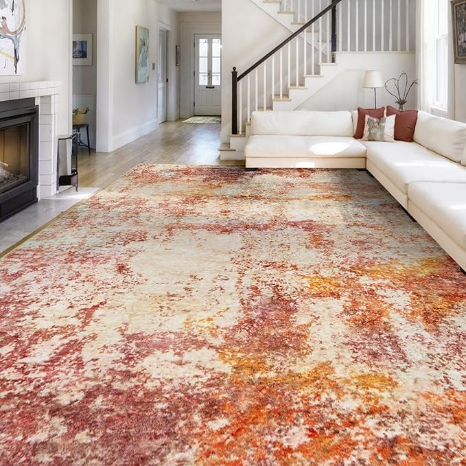 Area Rug Living Room Rugs - 10x14 Washable Modern Neutral Abstract Rugs Soft Low Pile No Slip Stain Resistant Rug Indoor Large Carpet for Bedroom Dining Room Nursery Room Home - Pink/Orange