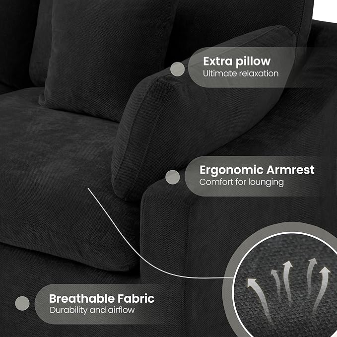 WJShome 83" Cloud Couch Sectional for Living Room, Down Filled Modular Sectional Sofa,Love Seat Sofas,Convertible Couch, Sofa Covers Washable&Replaceable,Black