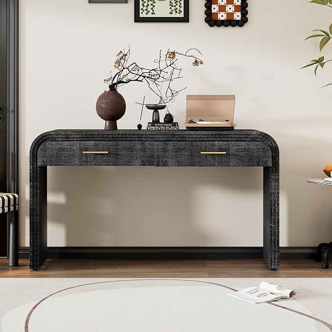 Unique Retro Silhouette Console Table with Open Style, Two Top Drawers for Entrance, Dinning Room, Living Room (Antique Black)