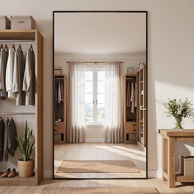 Full Length Mirror, 72"x44" Full Body Mirror, Floor Mirrors with Stand, Body Mirrors Standing Hanging Leaning Against Wall,Aluminum Frame Mirrors for Bedroom Cloakroom,Living Room,Black