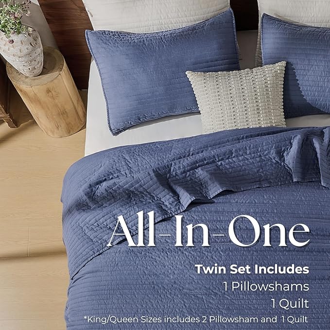 DOWN HOME King Quilt Bedding Set with Shams, Vintage Washed Soft Quilted Blanket Thin Comforter Lightweight Bedspread Coverlet Bed Cover, Brushed Microfiber Stripe Stitching, Vintage Denim, 104"x90"