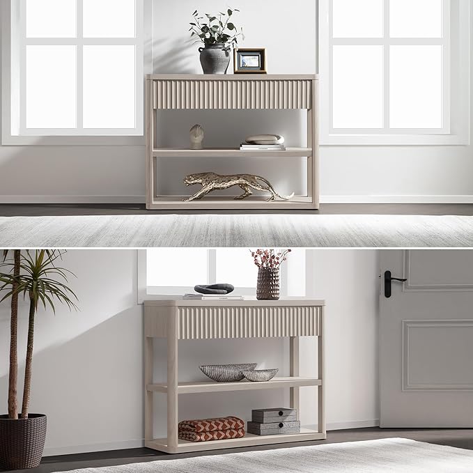 SICOTAS Fluted Entryway Table with Storage, 88.26" W Console Table with 4 Drawers & 4 Tier Storage Shelves, Modern Sofa Table Behind The Couch for Living Room, Entrance, Hallway, Foyer, White Alder