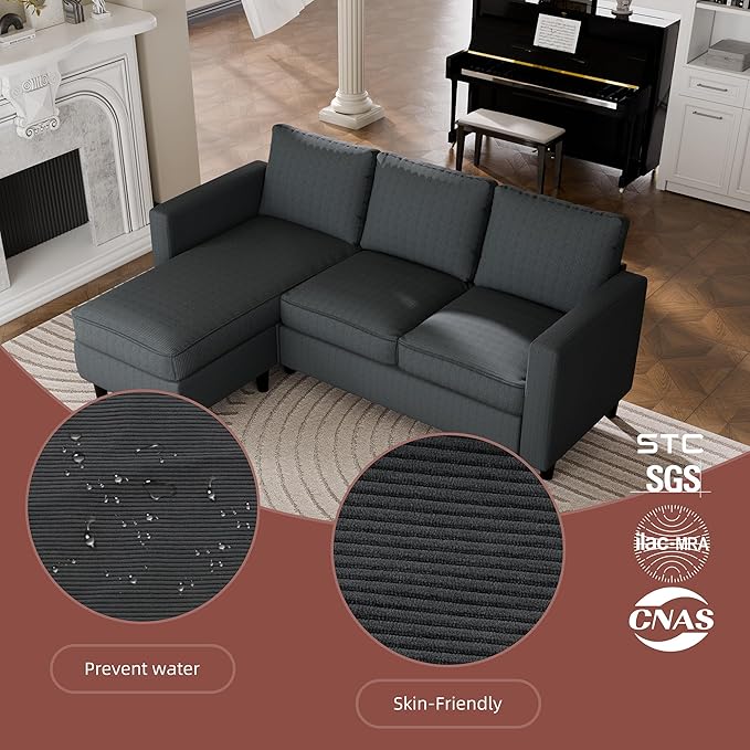 Nuturelly Convertible Sectional Sofa Couch with Movable Ottoman, 3-Seater Modern L-Shaped Sofa for Small Spaces, Soft Fabric Couch for Living Room, Small Apartment & Office(Dark Gray)