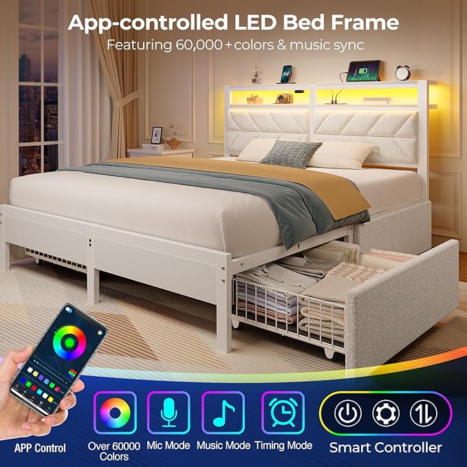 Seventable Full Size Bed Frame with 4 Storage Drawers, Charging Station & LED Lights, Upholstered Headboard with 2-Tier Shelves, Metal Platform Bed, No Box Spring Needed, Noise-Free, White