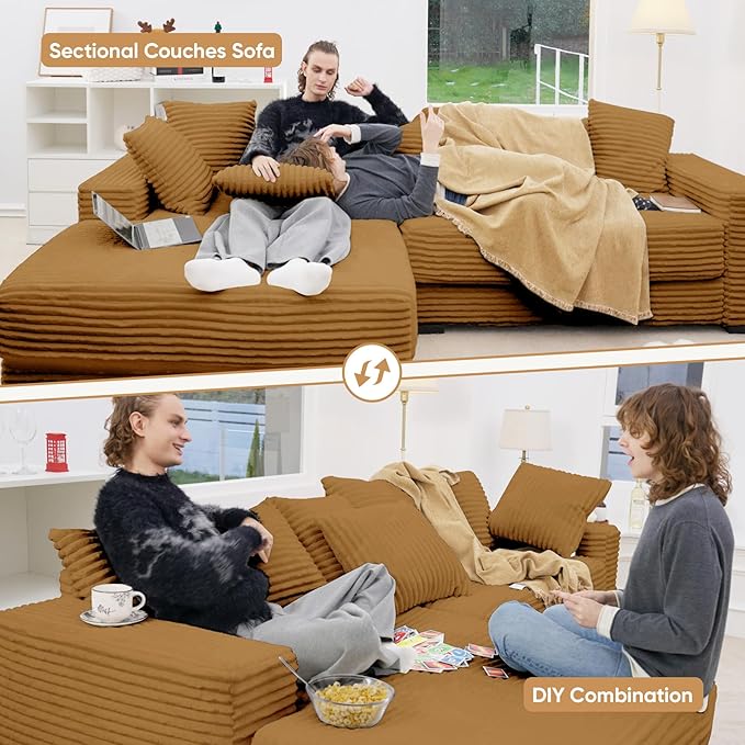 111'' Modern Sectional Cloud Sofa with Chaise, Extra Large Sleeper Couches Corduroy with 8pcs Pillows for Living Room, Bedroom
