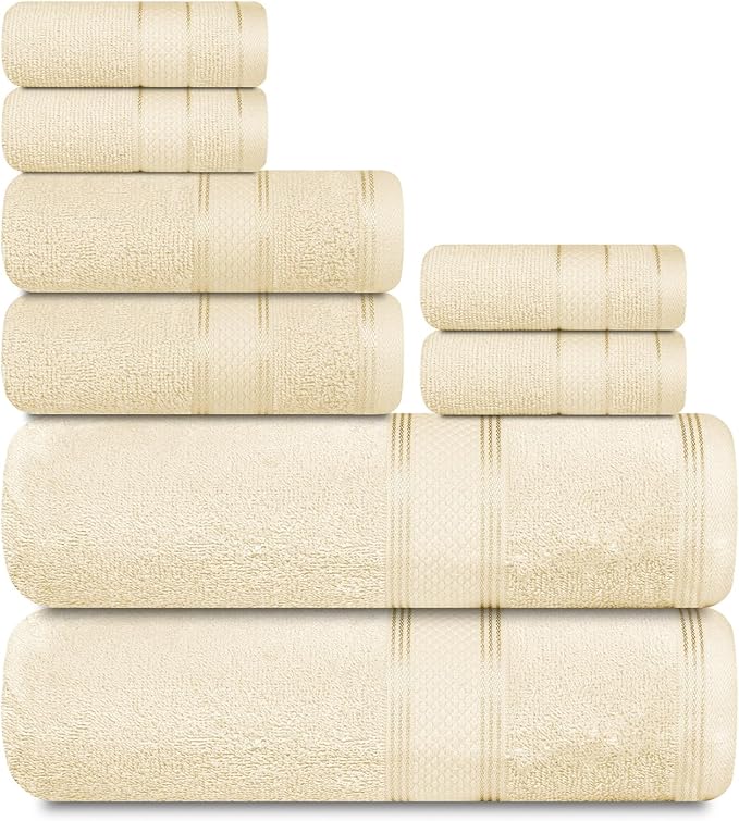 Casa Lino Bath Towel Set of 8 (2 Bath Towels, 4 Wash Cloths & 2 Hand Towels for Bathroom) - 100% Cotton - Highly Absorbent & Quick Dry - Guest Room Essentials for Bathroom Set - (Linen Brown)