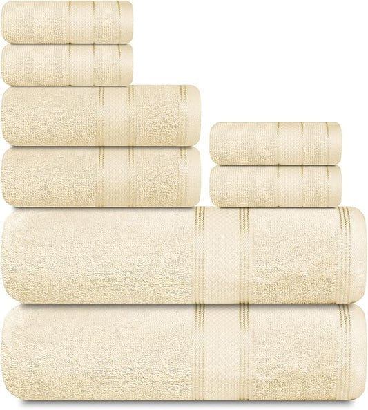 Casa Lino Bath Towel Set of 8 (2 Bath Towels, 4 Wash Cloths & 2 Hand Towels for Bathroom) - 100% Cotton - Highly Absorbent & Quick Dry - Guest Room Essentials for Bathroom Set - (Linen Brown)