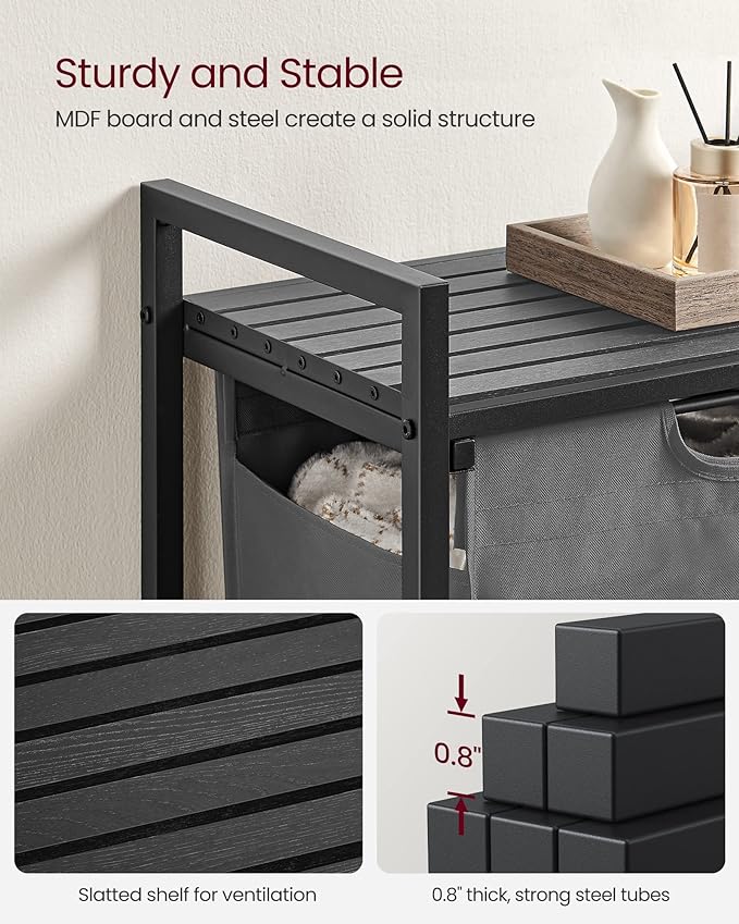 VASAGLE Laundry Hamper, Laundry Basket, Laundry Sorter with A Pull-Out and Removable Bag, Shelf, Metal Frame, 17.2 Gallons (65 L), 19.7 x 13 x 28.4 Inches, Gray and Black UBLH101G01