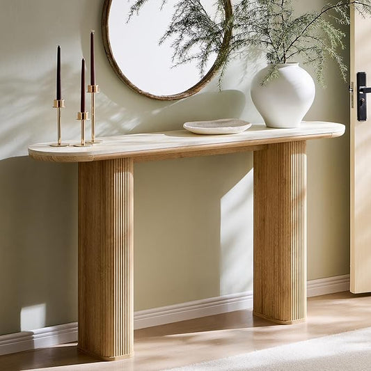 OKD 63 Inch Modern Console Table with Arc Black Marble Texture Top, Fluted Wood Base, Contemporary Entryway Sofa Table for Living Room, Hallway, Foyer, Natural Oak