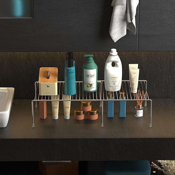 Kitchen Cabinet Expandable Shelf Organizers Set of 4, Adjustable Metal Wire Pantry Storage Shelves, Plate Dish Organizer Rack for Cabinets, Cupboard, Counter, Freezer, Countertop, Chrome