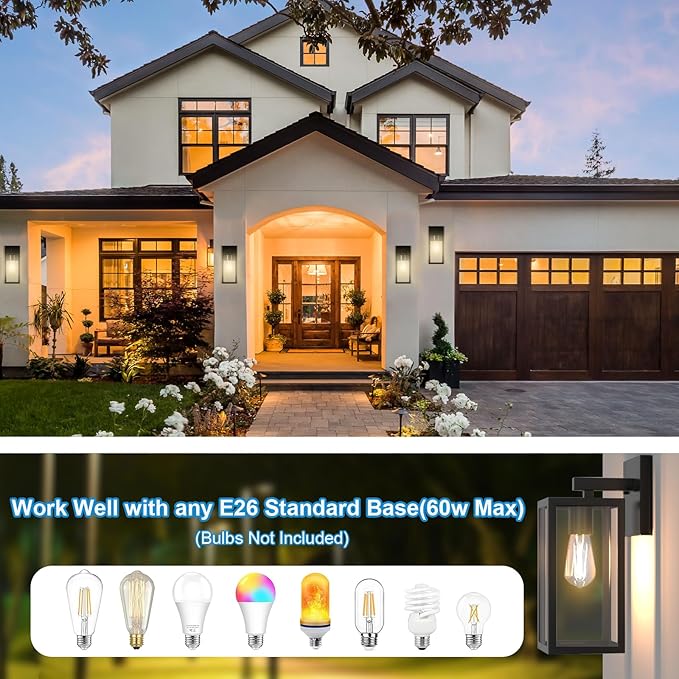 Kalium Porch Lights Outdoor Wall Light Fixture 2pcs, Matte Black, Wall Sconce 12.4 in, Toughened Frame, Clear Glass Shade, Waterproof Lanterns, Suitable for Patio, Exterior, Front, Door, Entryway