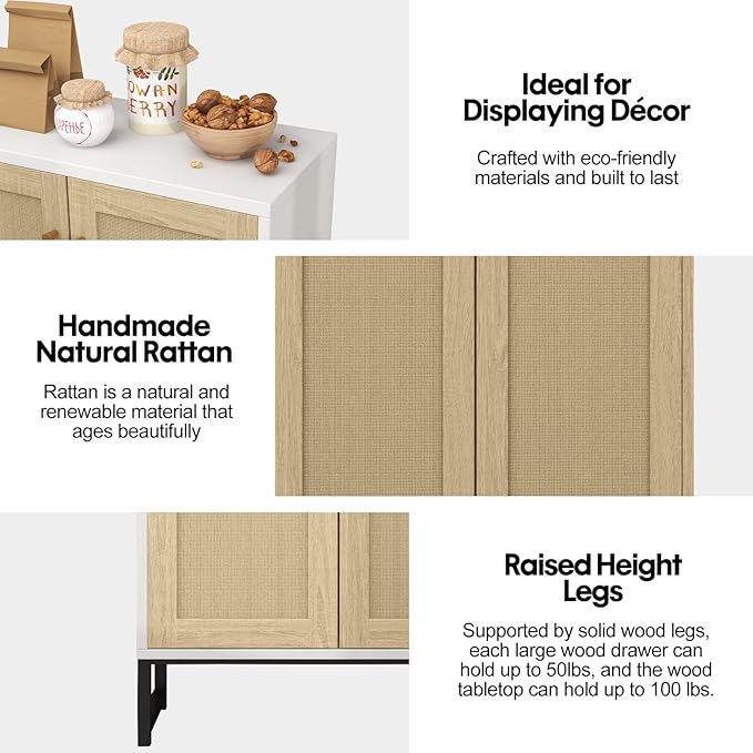 Panana Rattan Decorated 2 Doors Storage Cabinet Accent Cabinet Living Room Cupboard Kitchen Sideboard Buffet Table (White)