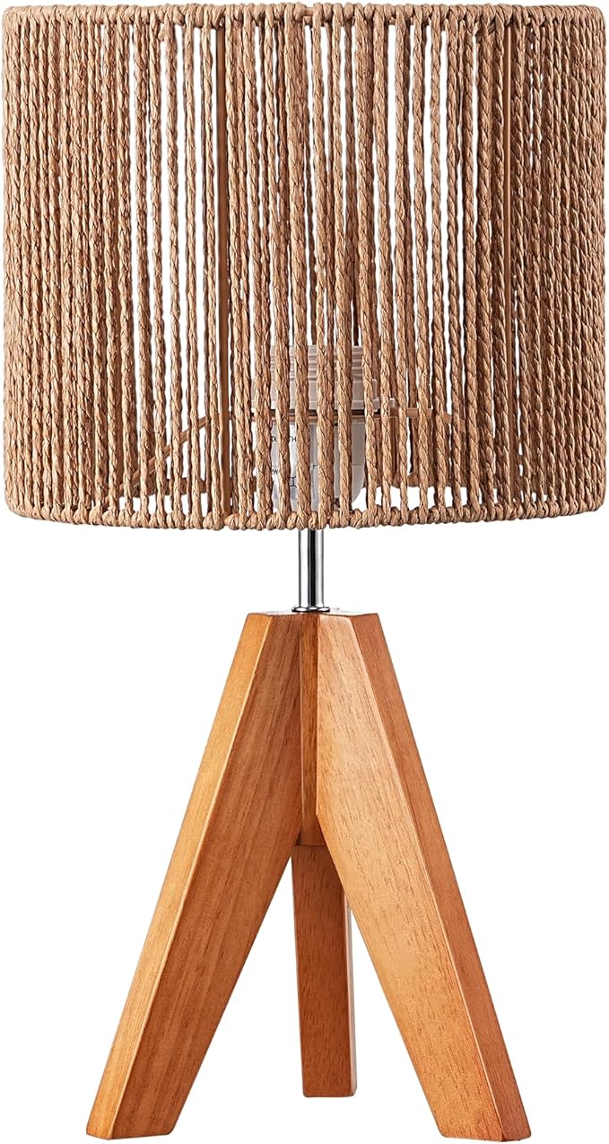 EDISHINE Small Rattan Table Lamp, Wood Tripod Bedside Lamp, Boho Nightstand Lamp for Living Room, End Table, Office, E26 Base, Natural Style