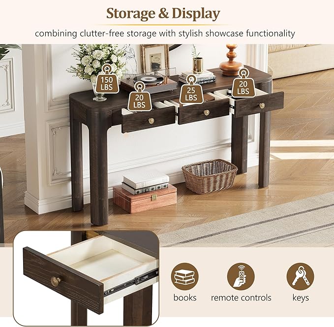 52“ Rustic Console Table with Curved Corners for Safety, Entryway Table with 3 Concealed Drawers, Sturdy Sofa Table with Thick Legs for Hallway & Living Room(Espresso)