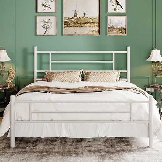 SHA CERLIN 14 Inch Full Size Metal Bed Frame with Iron-Art Headboard and Footboard,Under Bed Storage Space,Platform Bed with Metal Slats Support,Easy Assembly,Noise Free,No Box Spring Needed,White
