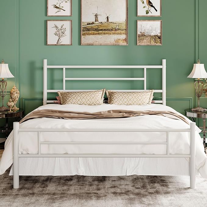 SHA CERLIN 14 Inch Queen Size Metal Bed Frame with Iron-Art Headboard and Footboard,Under Bed Storage Space,Platform Bed with Metal Slats Support,Easy Assembly,Noise Free,No Box Spring Needed,White