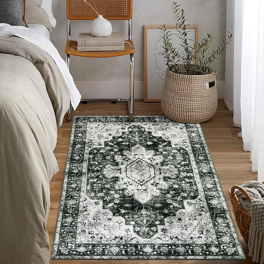 Moynesa Ultra-Thin Washable Vintage Area Rug - 3x5 Boho Entryway Rug Oriental Medallion Living Room Mat Non-Slip Non-Shedding Stain Resistant Indoor Accent Carpet for Kitchen Bedroom, Black/White