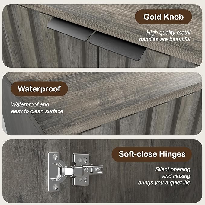 Fluted Cabinet with Storage, Small Buffet Cabinet Sideborad with Door, Kitchen Buffet Storage Accent Cabinets with Adjustable Shelves for Living Room, Entry, Hallway, Gray