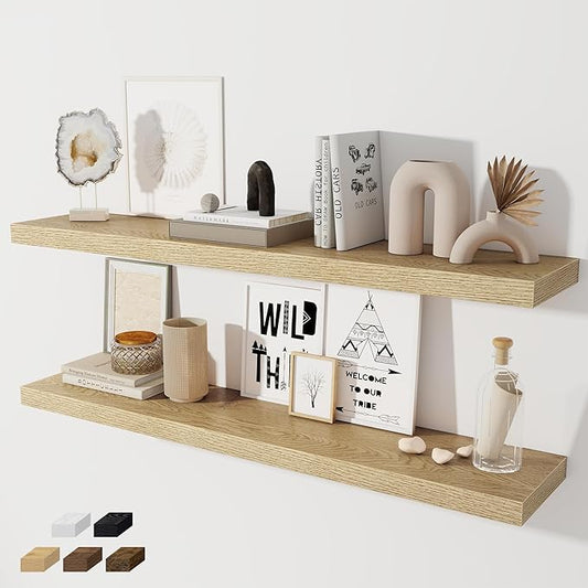 Fun Memories 48 Inch Floating Shelves for Wall 8 Inch Deep Oak Shelves Set of 2, Wall Mounted Rustic Wood Long Floating Shelf, Large Display & Storage Shelf with Invisible Brackets