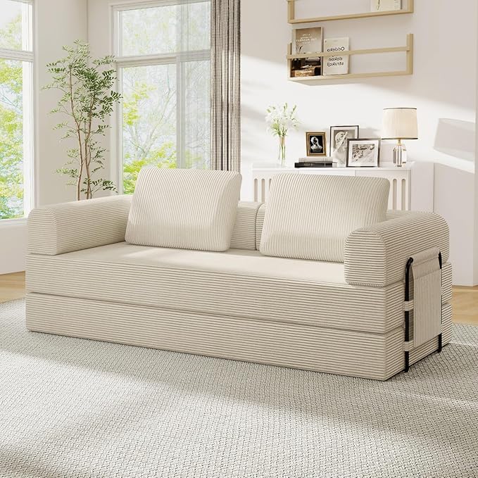 Antetek Convertible Sofa Bed, Comfy Corduroy Fluffy Love seat Sleeper Sofa, 5 in 1 Folding Couch Bed, Fold Out Floor Couch with Pillows for Bedroom, Living Room, Office, Pinstripe, Beige