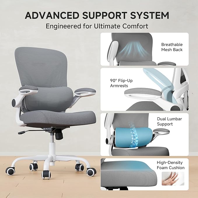 Office Chair with Adjustable Lumbar Support, 330 LBS Home Office Desk Chair with Flip-up Armrests, Mesh Computer Chair for Long Day Use, White and Gray