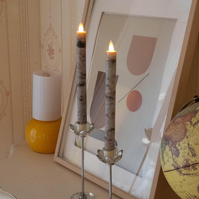 Flameless Taper Candles Flickering with Remote and Timer, 3D Moving Flame Taper Candle Battery Operated to 400 Hours, 9 Inch Window Candles, (Birch Bark)