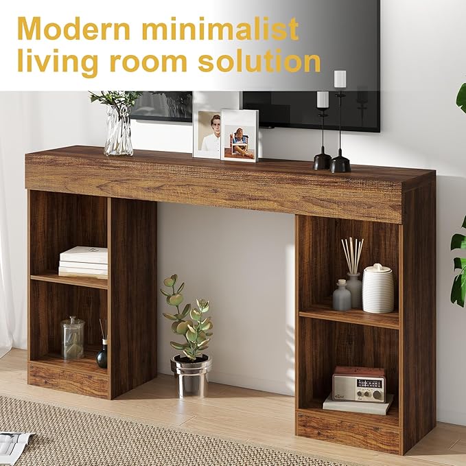 55 Inches Console Table,4 Cubes Narrow Entryway Table,3 Tier Wood Behind Couch Sofa Table,TV Console with Storage for Living Room,Hallway,Entrance,Foyer (Striped Brown)