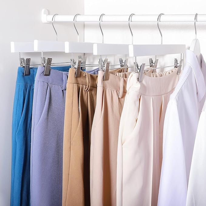 HOUSE DAY Premium Wooden Pants Hangers 25 Pack, Solid Lotus Wood Skirt Hangers with 2-Adjustable Clips, Heavy Duty & Anti Slip Wood Bottom Hanger for Slacks, Jeans, Trousers, Shorts (White)