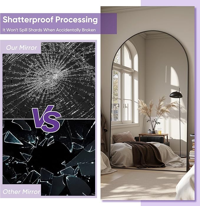 Full Length Mirror, 86"x46" Arched Floor Mirror Freestanding, Floor Standing Full Body Mirror with Stand for Bedroom, Hanging Mounted for Living Room Cloakroom, Black