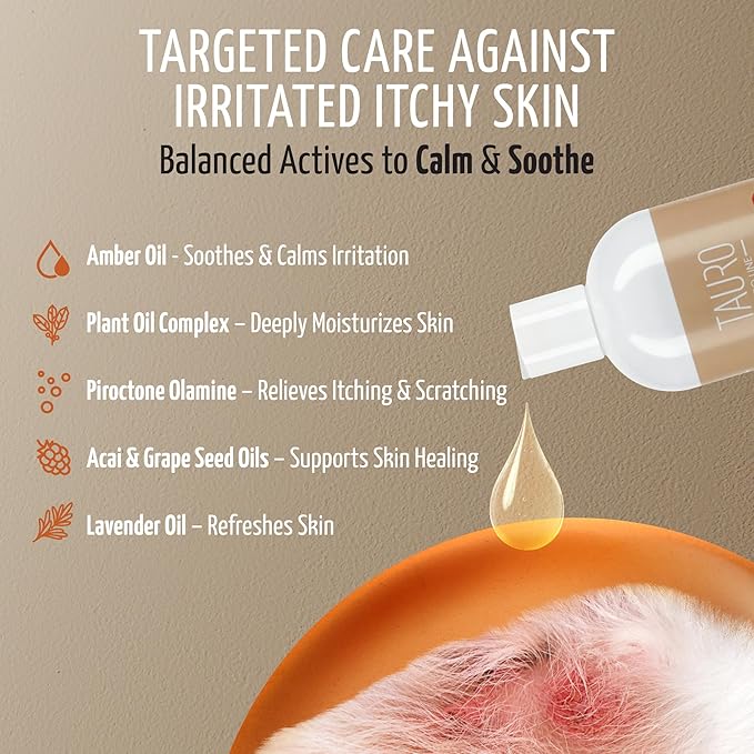 Tauro Pro Line Dog Shampoo Itchy Skin Relief - Soothes Dry, Sensitive Skin & Hot Spots, Natural Itch Relief Dog Wash, Gentle Pet Shampoo for Smelly Dogs, Cat & Puppy (Derma Care 13.5 Fl Oz)