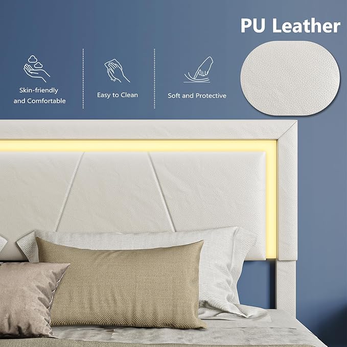 Full Size Bed Frame with Adjustable Headboard, Upholstered Platform Bed with 4 Storage Drawers, Wooden Slats Support, Built in Charging Station & LED, Noise-Free, No Box Spring Needed, Beige