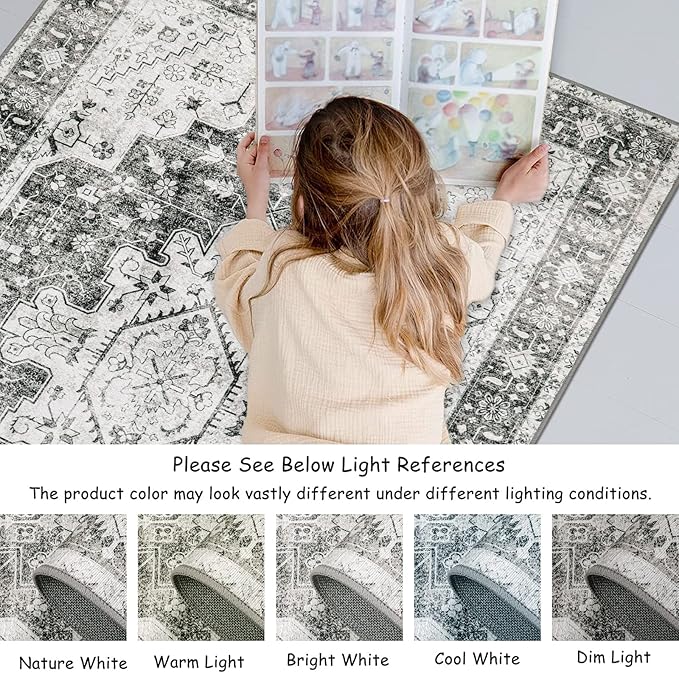 Moynesa Ultra-Thin Washable Area Rug - 3x5 Gray Entryway Rug Stain Resistance Kitchen Mat, Non Slip Non Shedding Pet Friendly Vintage Bathroom Carpet for Indoor Bedroom Living Laundry Room