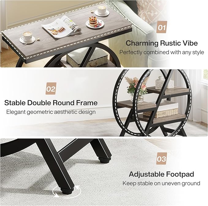 Tribesigns End Table for Living Room, 3-Tier Narrow Side Table with Storage, Wood Sofa Side Table with Geometric Metal Frame, Industrial Nightstand and Bedside Table for Bedroom