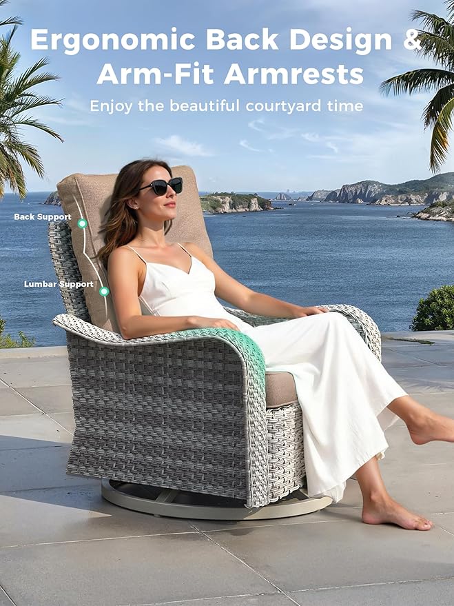 6 Piece Outdoor Wicker Patio Furniture Set,High Back Swivel Rocker Patio Chairs with 4" Thickened Cushions & Side Table, All-Weather PE Rattan for Garden, Backyard, Porch, Beige