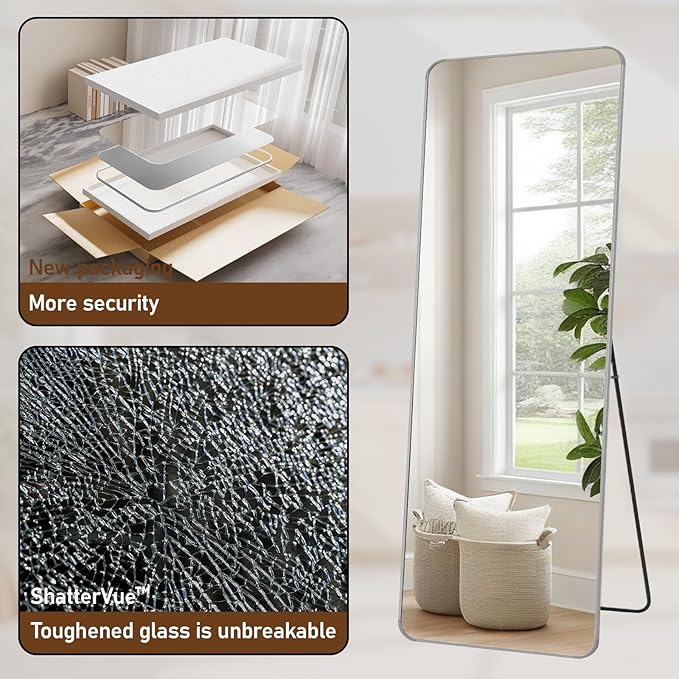 BEAUTYPEAK Silver Full Length Mirror, 71"x26" Rounded Corner Floor Mirror Standing Hanging or Leaning Against Wall, Suitable for Bedroom or Dressing Room