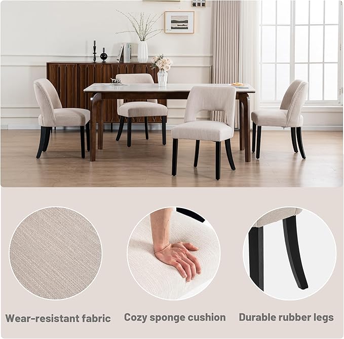 VKNOW Wooden Dining Chairs Set of 2, Modern Fabric Upholstered Dining Room Chair Kitchen Chairs, Farmhouse Dinner Chair for Kitchen Dining Room, Beige-Black Legs