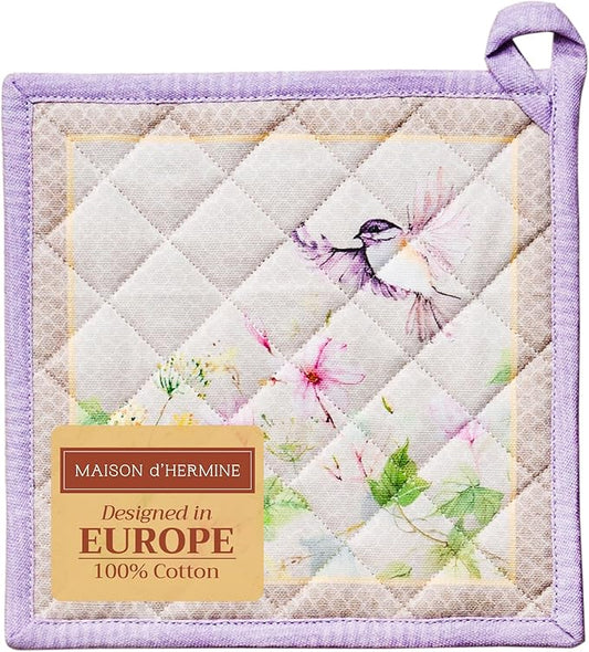 Maison d' Hermine Pot Holders 100% Cotton Heat Resistant Potholders 8" x 8" Hot Pads with Loop BBQ, Cooking, Baking, Grilling, Kitchen, Handling Hot Pans Spring/Summer (Pack of 1, Magnolia Mornings)