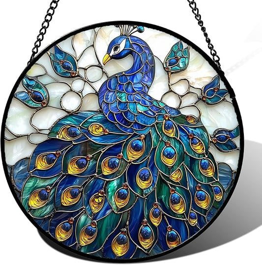 Stained Glass Window Hanging - Peacock Blue Gold Feathers Sun Catcher for Door Garden Home Decor Bird Suncatcher Christmas Mother's Day Birthday Gifts for Women Men Mom Nana 15 in