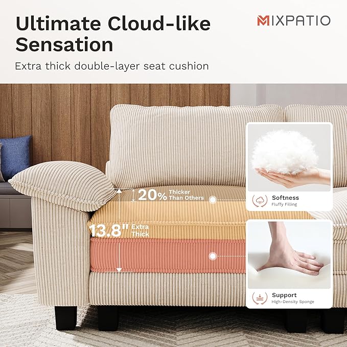 U-Shaped Cloud Modular Sofa Set, Deep Seat 3-Piece 6-Seater Sectional Couch & Removable Arms, Plush Corduroy for Living Room - Beige