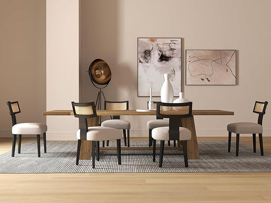 Rattan Dining Chairs Set of 6, Modern Dining Chair Kitchen Dining Room Chair, Curved Cane Back Upholstered Linen Fabric Dining Chair with Black Wood Frame, Beige