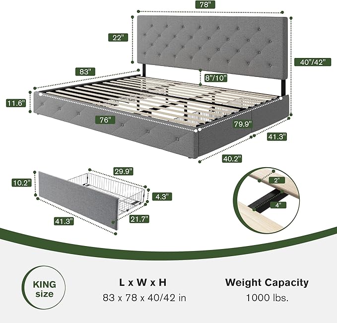 MUTICOR King Size Bed Frame with 4 Storage Drawers, Upholstered Platform Bed with Button Tufted Adjustable Headboard, No Box Spring Needed, Easy Assembly, Diamond Tufted, Light Grey Fabric